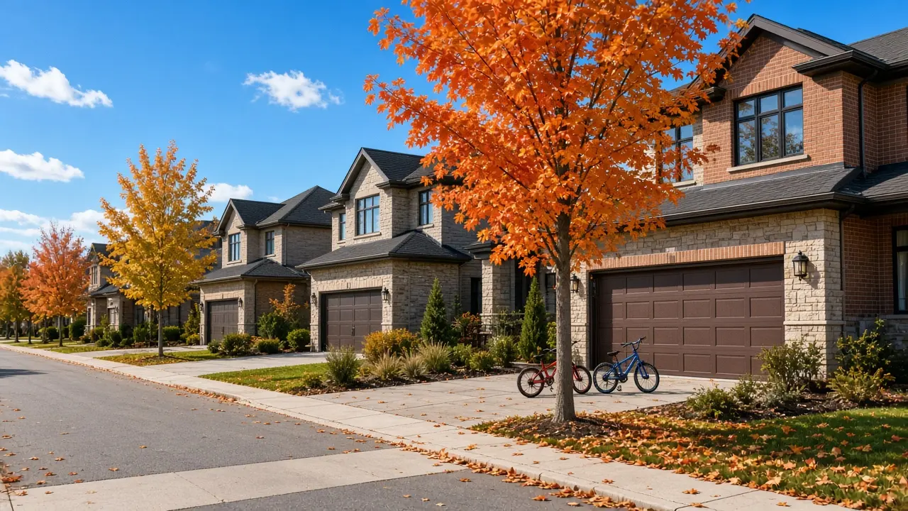 Family homes on an autumn street in Ajax
