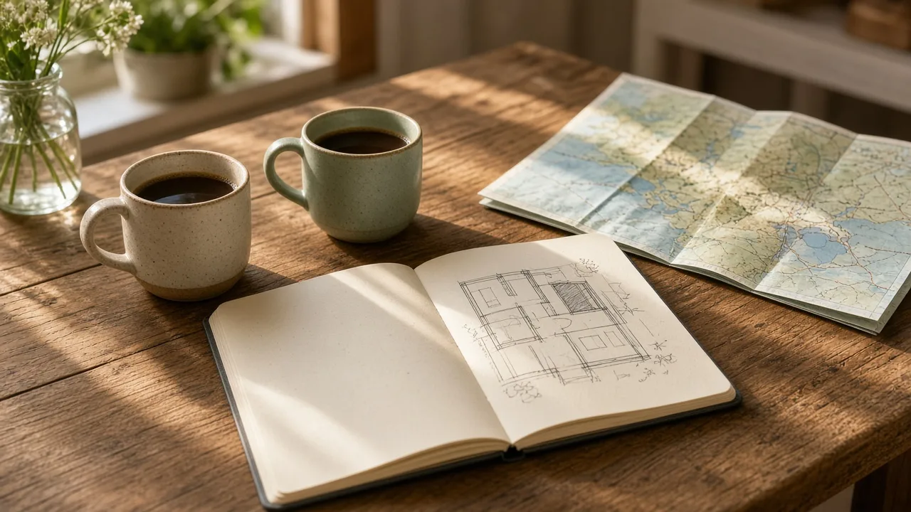 Coffee mugs, a home plan sketch and a map on a kitchen table