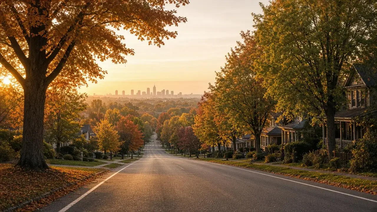 Autumn Ontario road leading toward a city skyline