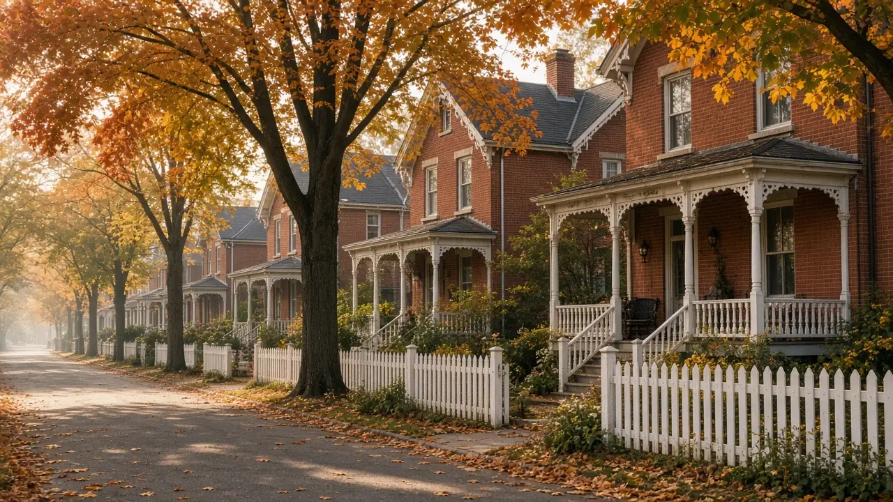 Century homes in Brooklin, Whitby in autumn