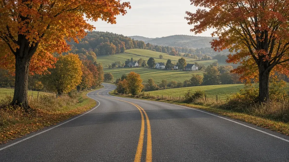 Illustrative image of a country road lined with autumn maples, with rolling hills and farmhouses in the distance