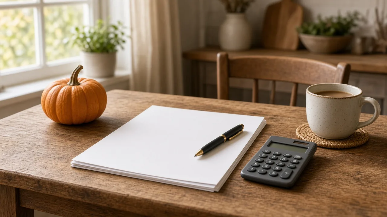 Notepad, pen, calculator, coffee mug and small pumpkin on a wooden kitchen table by a sunny window
