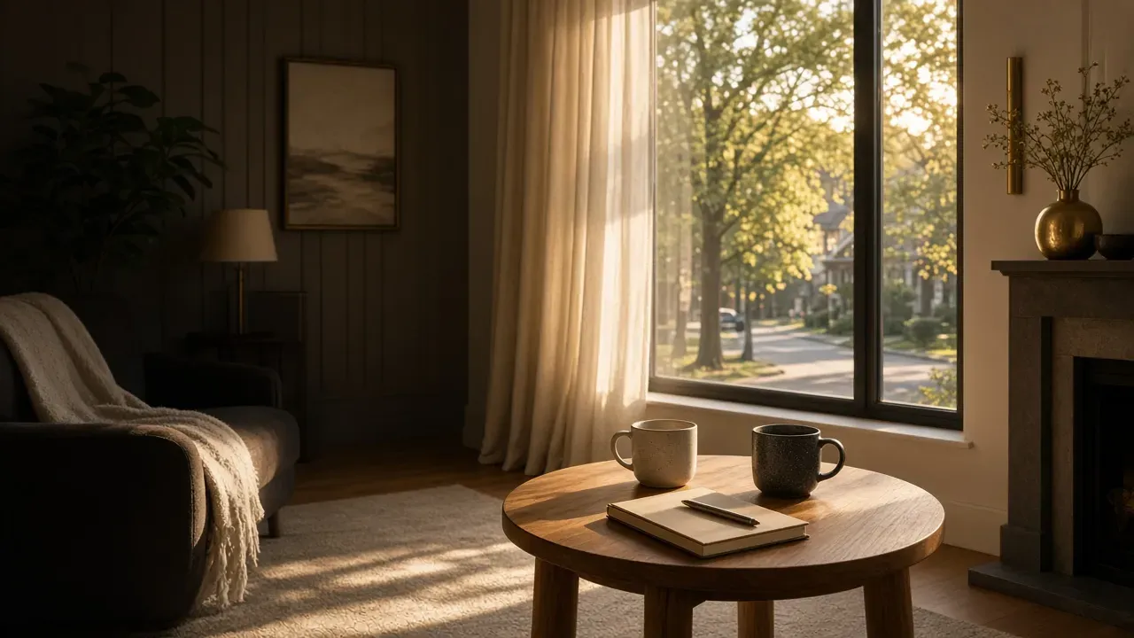 Warm, sunlit living room with two mugs and a notebook on a wooden table