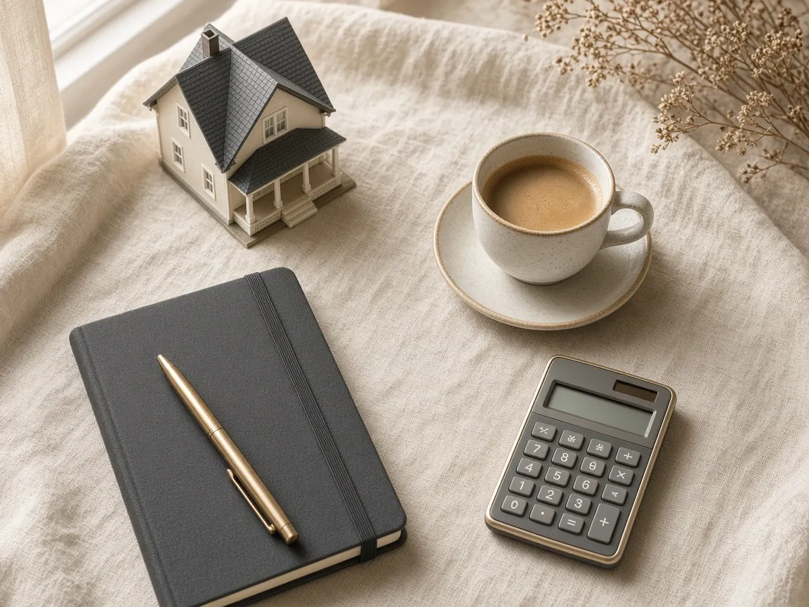 Notebook, pen, calculator and a small model house on a desk
