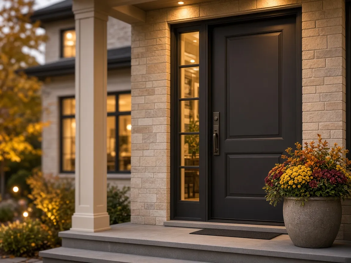 Charcoal front door with an autumn planter beside it