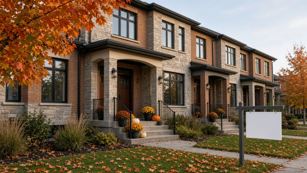 Brick and stone freehold townhouses in autumn with a for-sale sign out front
