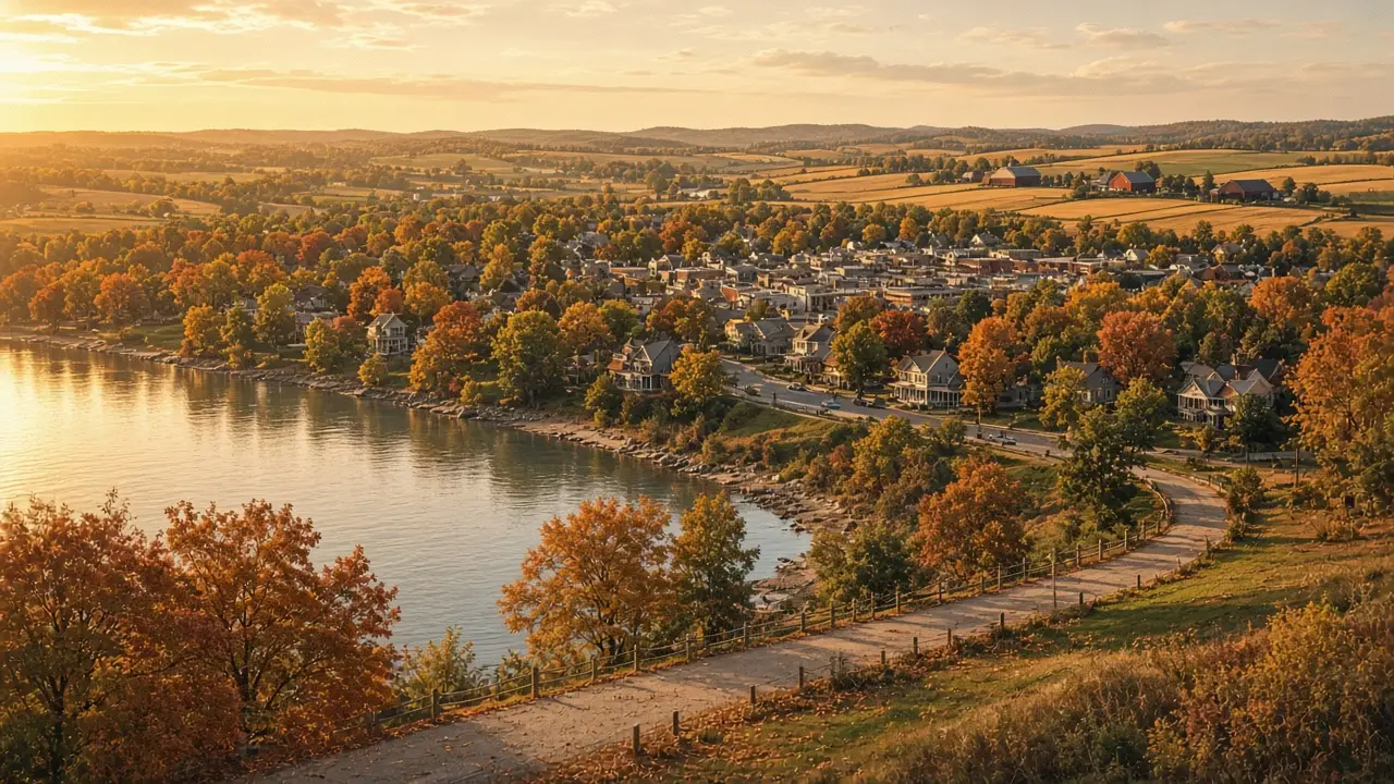Autumn lakeshore, neighbourhoods and farm country in Durham Region, Ontario