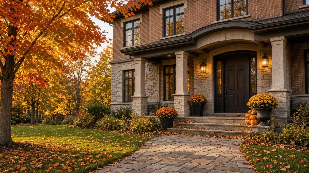 Autumn front porch of a Durham Region home being prepped for sale