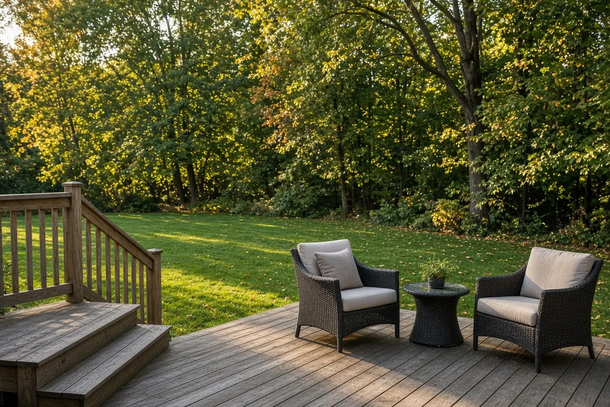 Illustrative image of a wooden deck with two wicker armchairs and a side table overlooking a lawn and mature trees in autumn