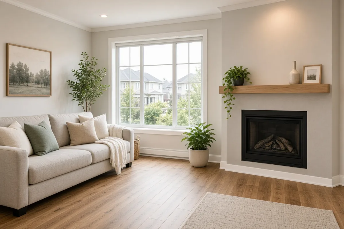 Illustrative image of a bright family room with a neutral sofa, a fireplace with a wood mantel, wood-look floors and a large window