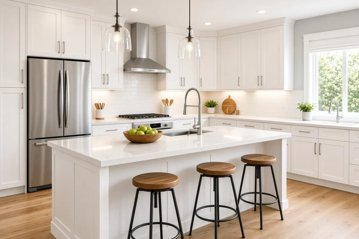 Illustrative image of a bright white kitchen with a quartz island, three wood-top stools, stainless steel appliances and pendant lights