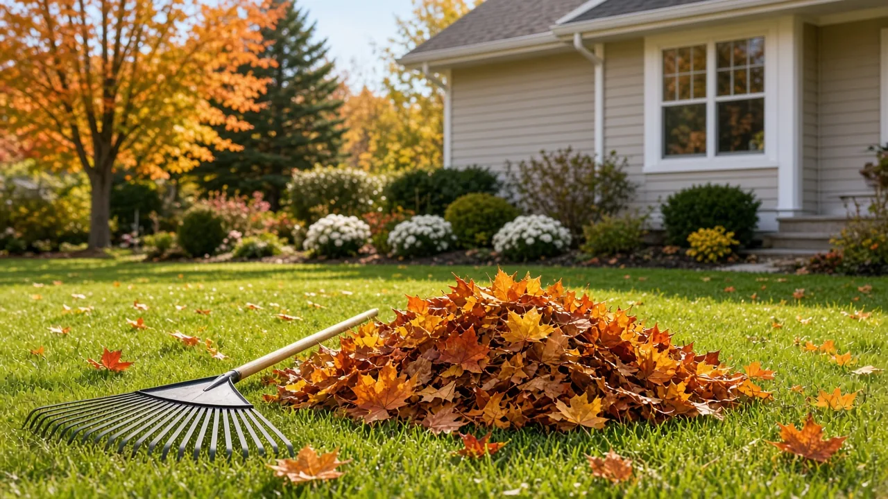Rake beside a pile of orange maple leaves on a green front lawn with a beige-sided house behind