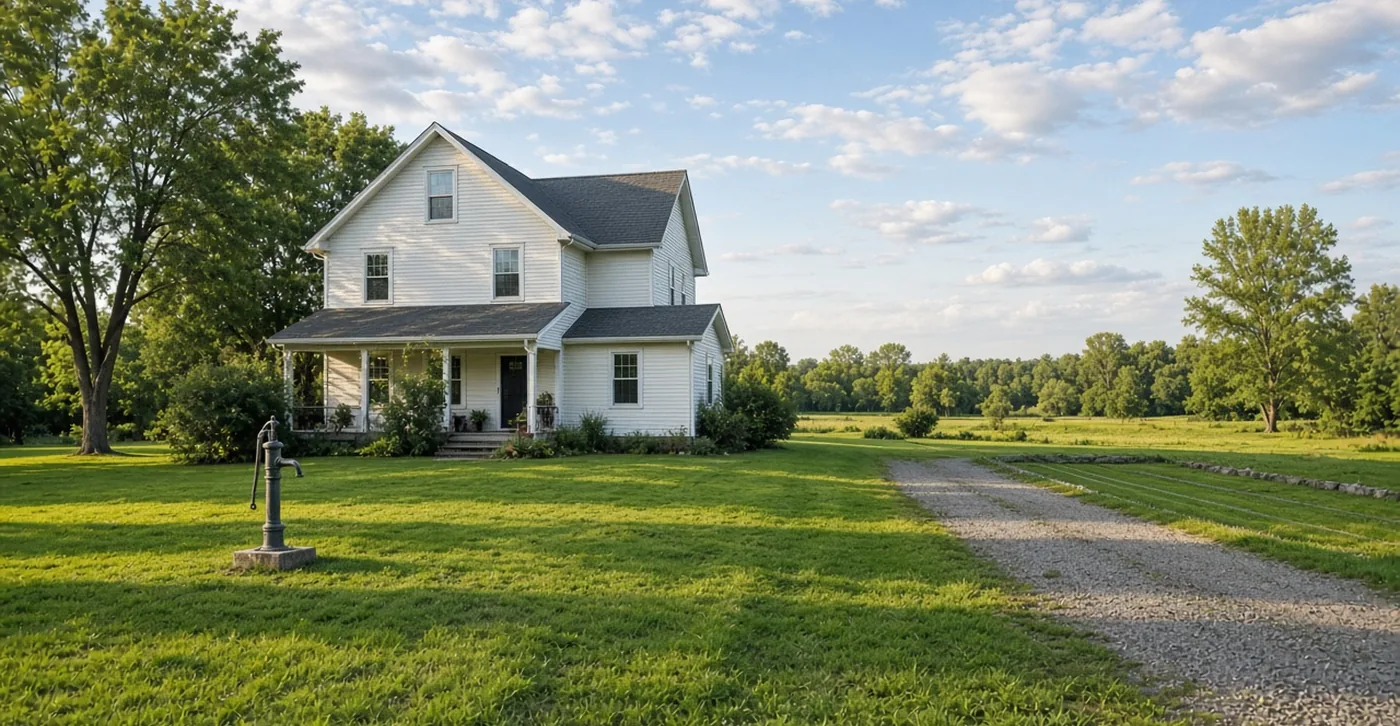 Illustrative image of a white two-storey country home with a large lawn, a hand-pump well head, a gravel driveway and open fields behind