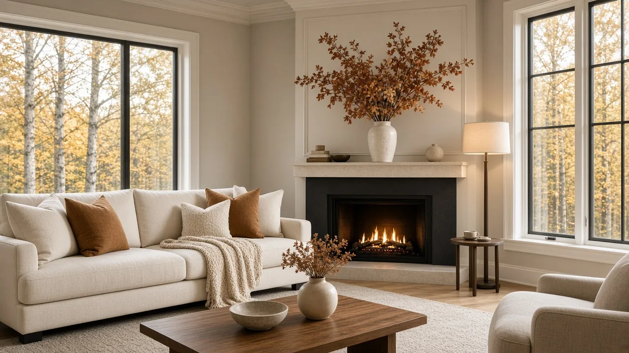 Bright staged living room with a lit fireplace, neutral sofa, wool throw and a small vase of autumn branches