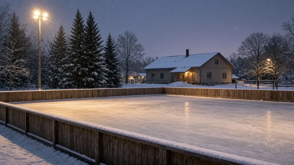 Illustrative image of an empty natural outdoor ice rink at dusk with snow, floodlights and a small building