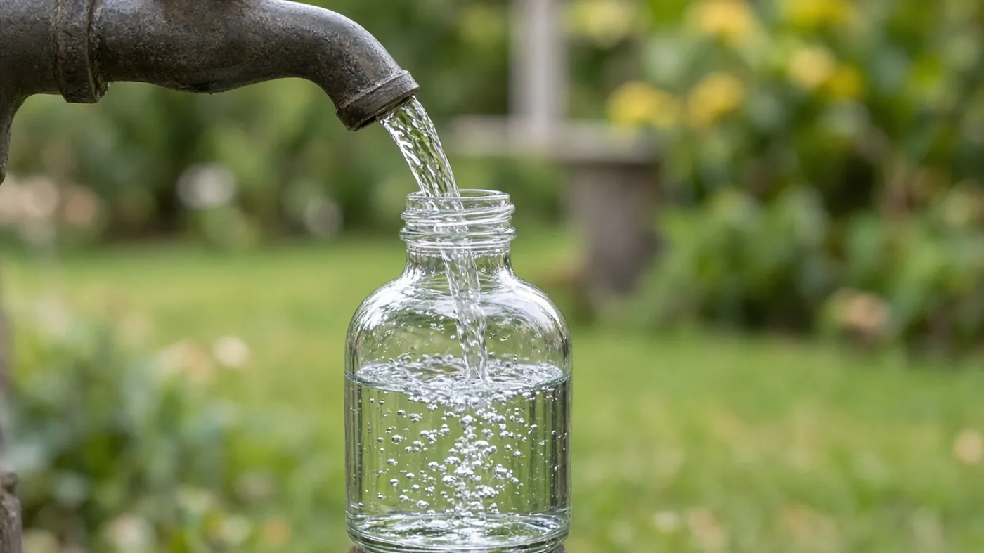 Illustrative image of a clear glass sample bottle being filled with water from an outdoor well spout in a country garden